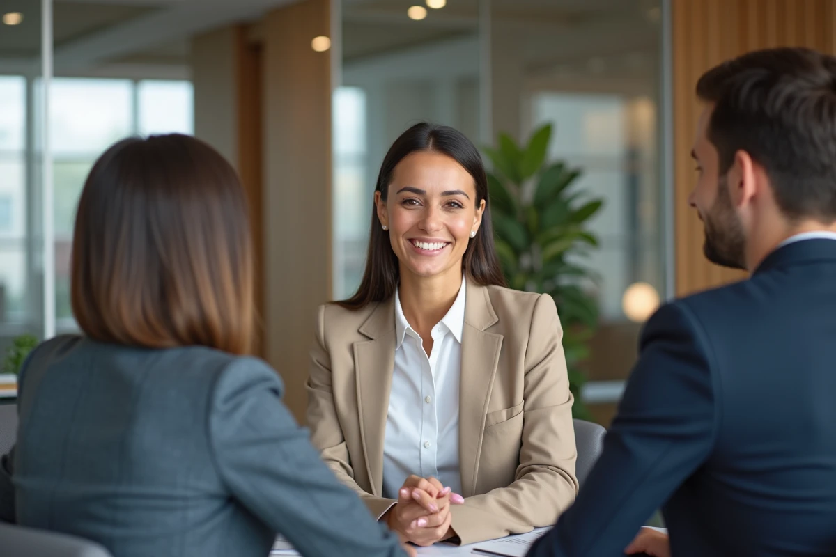 Femme professionnelle souriante lors d'une consultation immobiliere