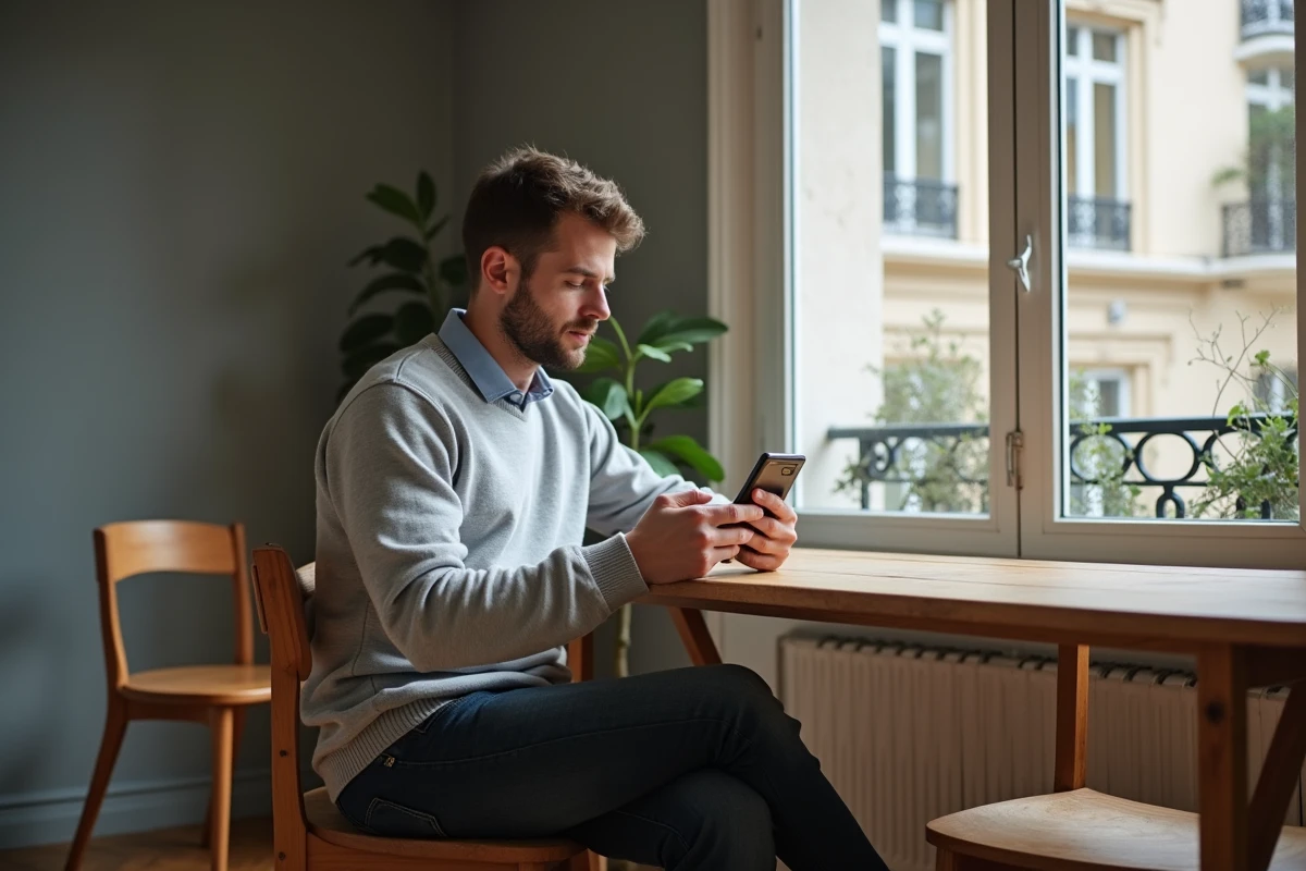 Homme recherchant les coordonnées d'IMMO PROXIMA sur son smartphone depuis son appartement parisien, immeubles haussmanniens visibles en fond