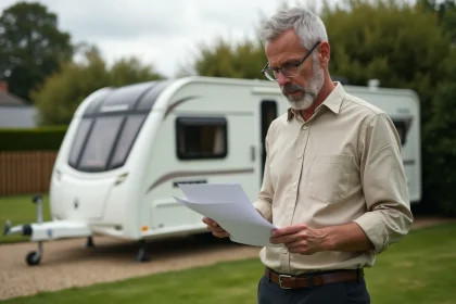 Homme examinant un contrat de location de terrain pour caravane à l'année devant sa caravane blanche