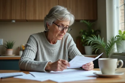 Copropriétaire femme lisant ses appels de fonds en copropriété à la table de cuisine