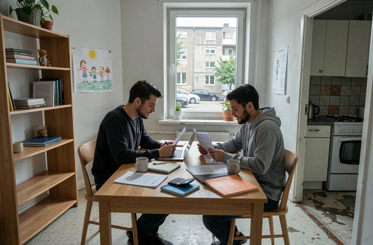 Couple de jeunes parents étudiant leur budget logement dans un appartement modeste d'un quartier abordable