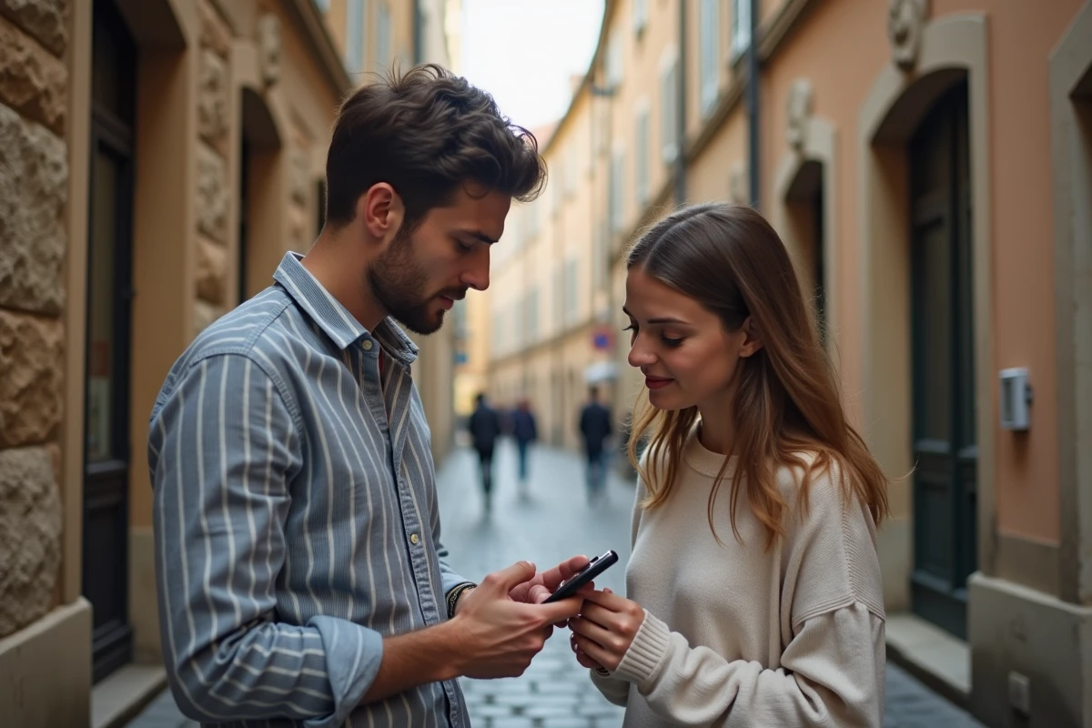 Couple consultant une carte d'estimation des loyers par quartier à Lyon dans une traboule