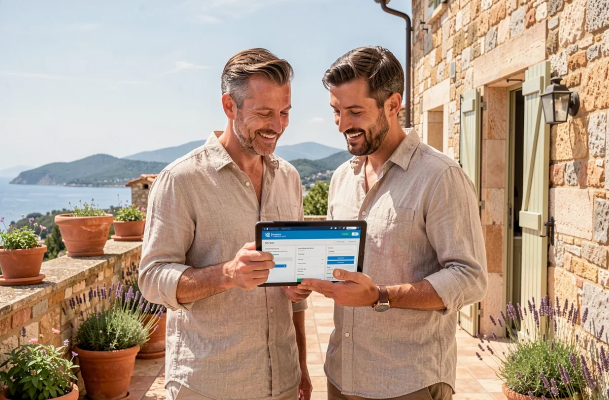 Couple comparant des offres d'assurance habitation sur une terrasse provençale près de Toulon
