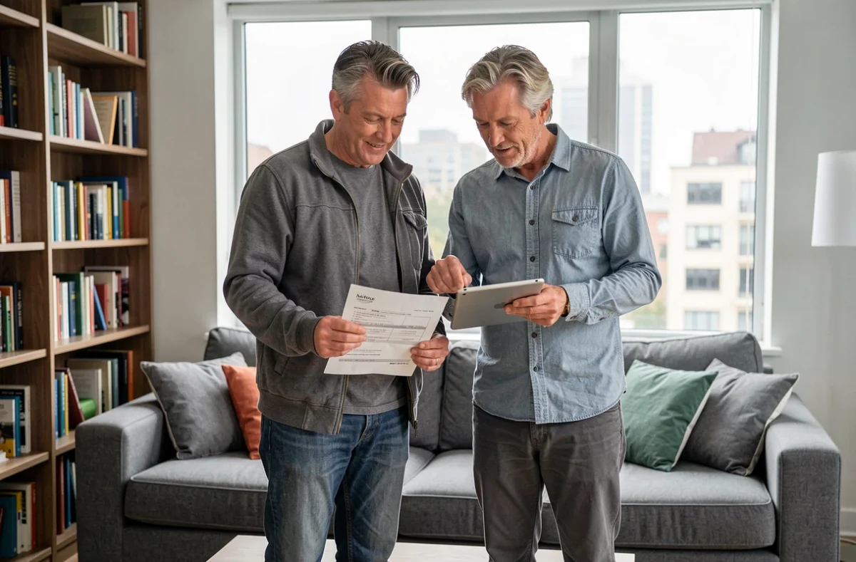 Couple comparant des devis d'assurance habitation dans leur appartement moderne