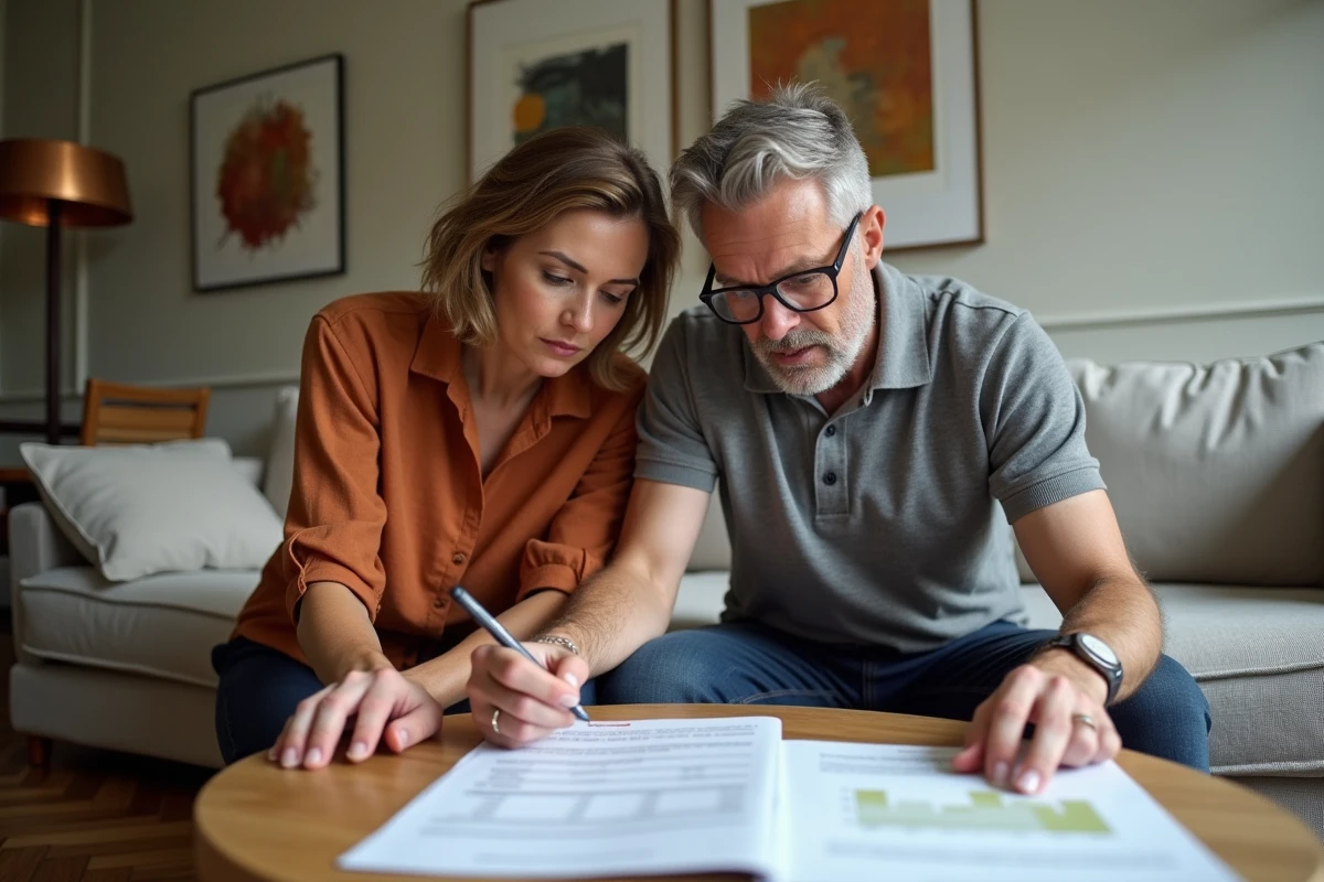 Couple de copropriétaires analysant ensemble un appel de fonds dans leur salon