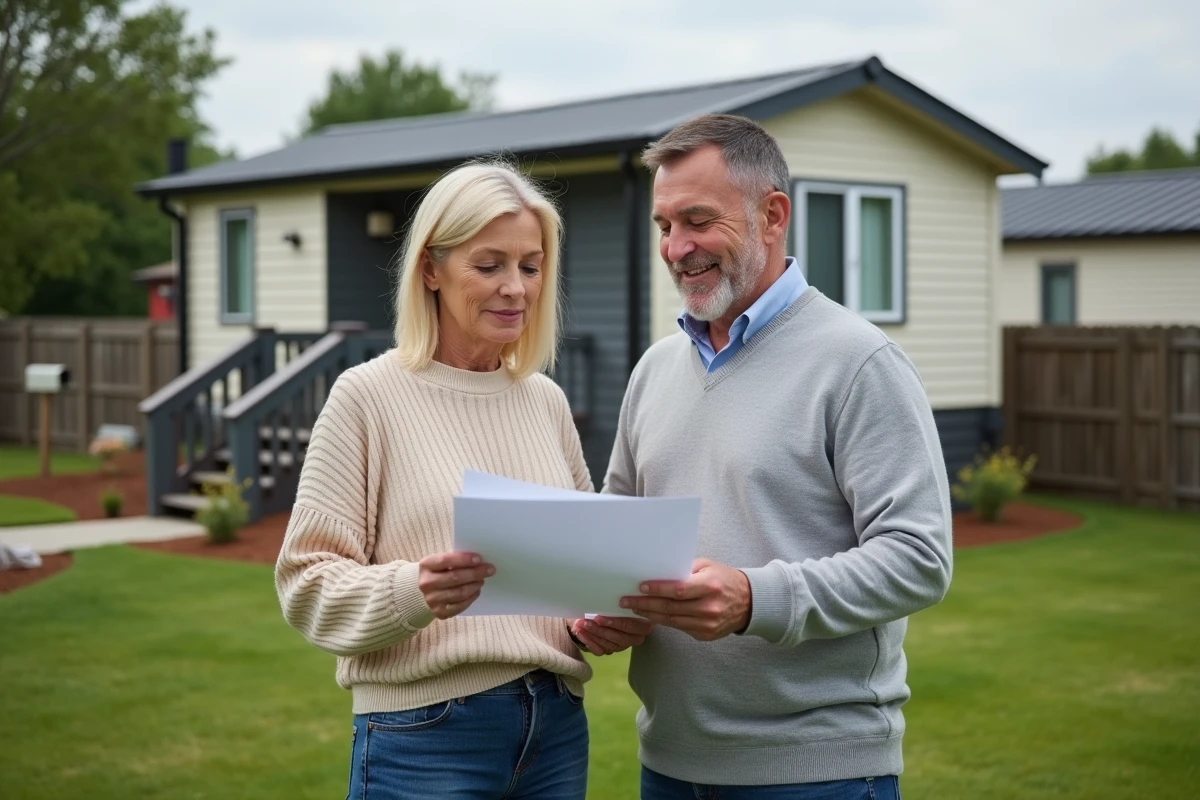 Couple discutant documents près d'une maison mobile moderne