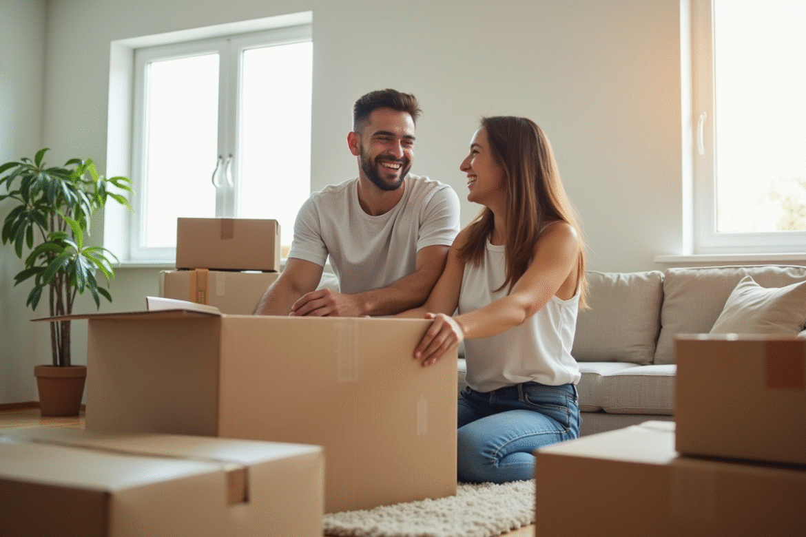 Couple heureux emballant des cartons dans un salon lumineux