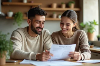 Couple d'emprunteurs examinant leurs documents d'assurance immobilière sur une table en bois dans une cuisine moderne