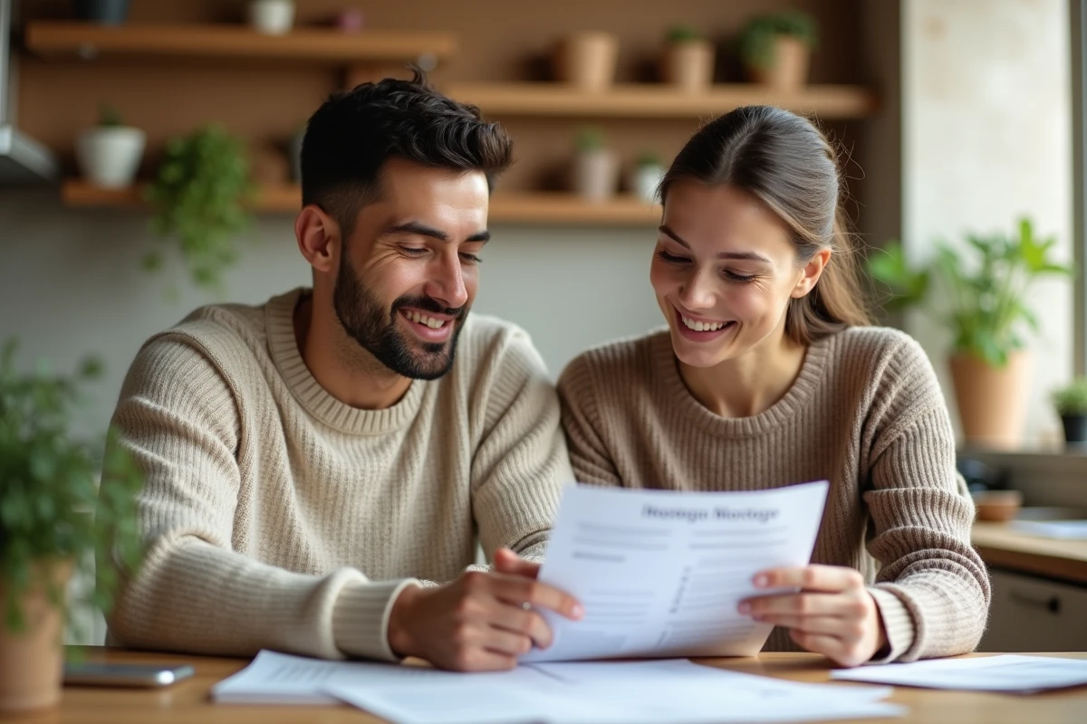 Couple d'emprunteurs examinant leurs documents d'assurance immobilière sur une table en bois dans une cuisine moderne