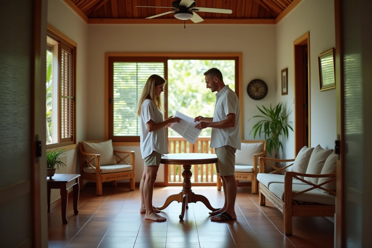 Couple européen examinant des documents immobiliers à l'intérieur d'une maison thaïlandaise avec mobilier en bambou et ventilateur au plafond