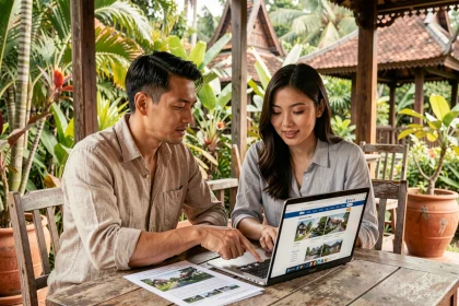 Couple expatrié consultant des annonces immobilières en Thaïlande sur un ordinateur portable en terrasse