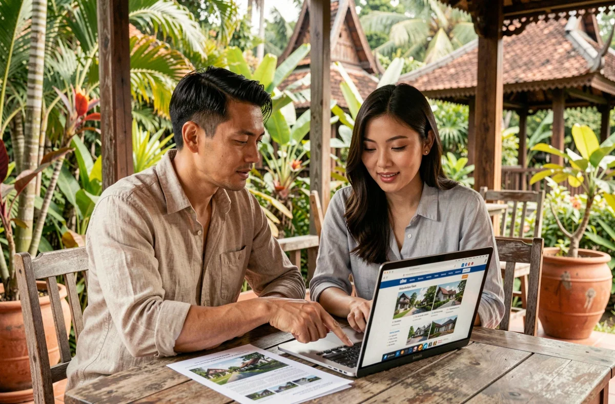Couple expatrié consultant des annonces immobilières en Thaïlande sur un ordinateur portable en terrasse