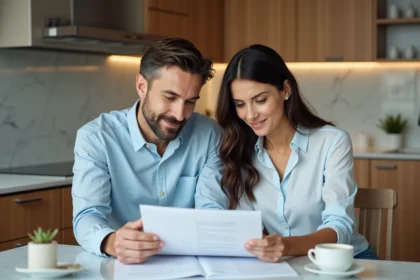 Couple d adultes regardant des documents financiers à la maison