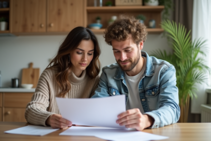 Jeune couple lisant des documents de prêt dans une cuisine lumineuse