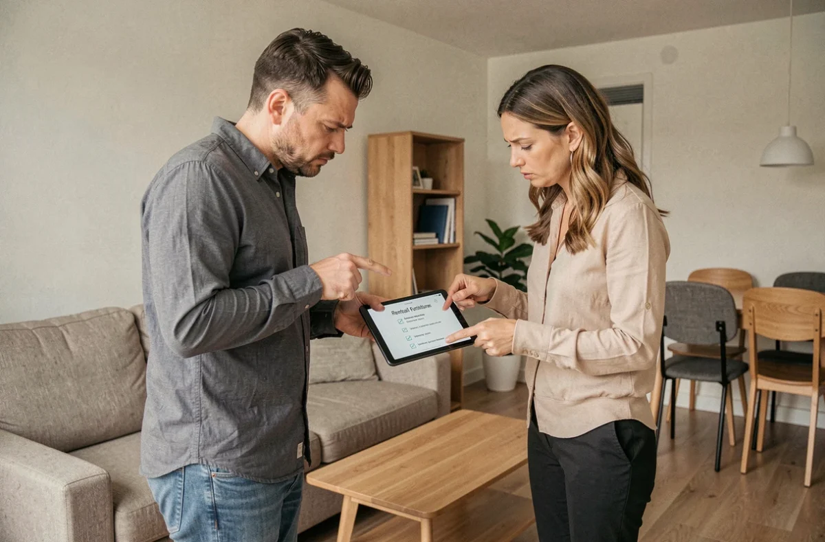 Couple examinant une liste de mobilier obligatoire sur tablette dans un appartement en location meublée
