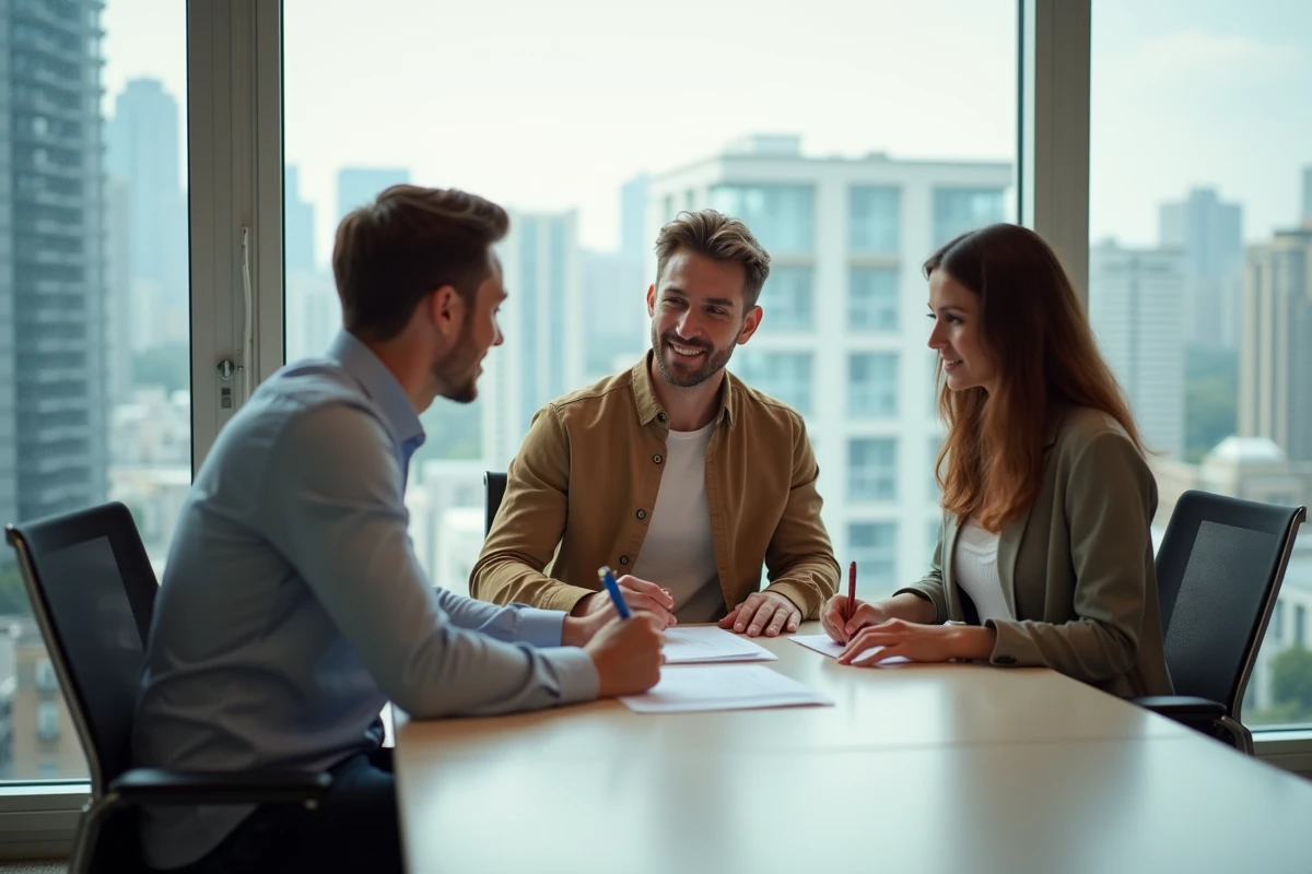 Couple de locataires signant un contrat de garantie loyers impayés avec un conseiller immobilier