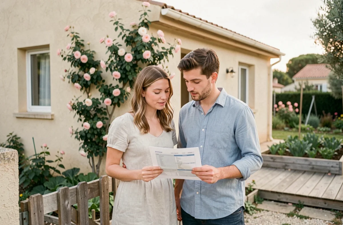 Couple consultant une annonce de location pour une petite maison avec jardin à Perpignan dans le 66