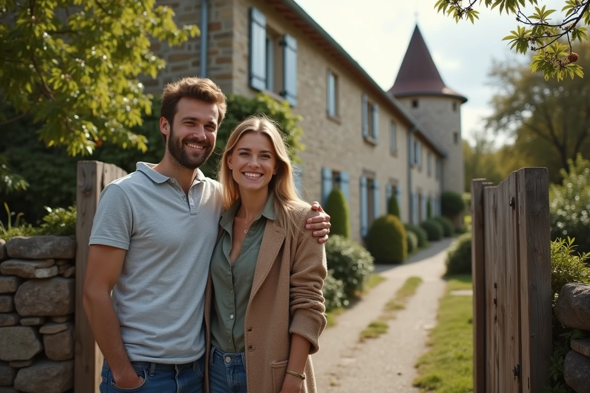 Couple de locataires devant une petite maison à louer avec jardin dans un village du Puy-de-Dôme en Auvergne