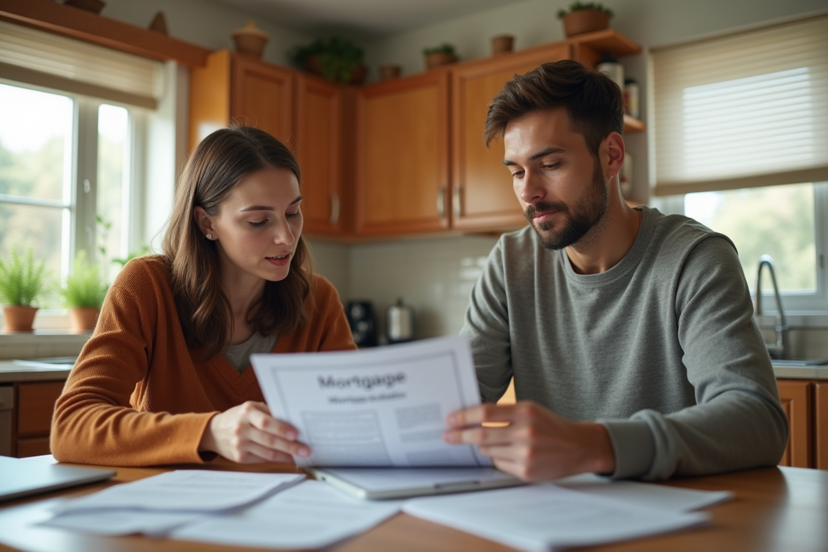 Jeune couple discutant de leur dossier de prêt immobilier à la maison