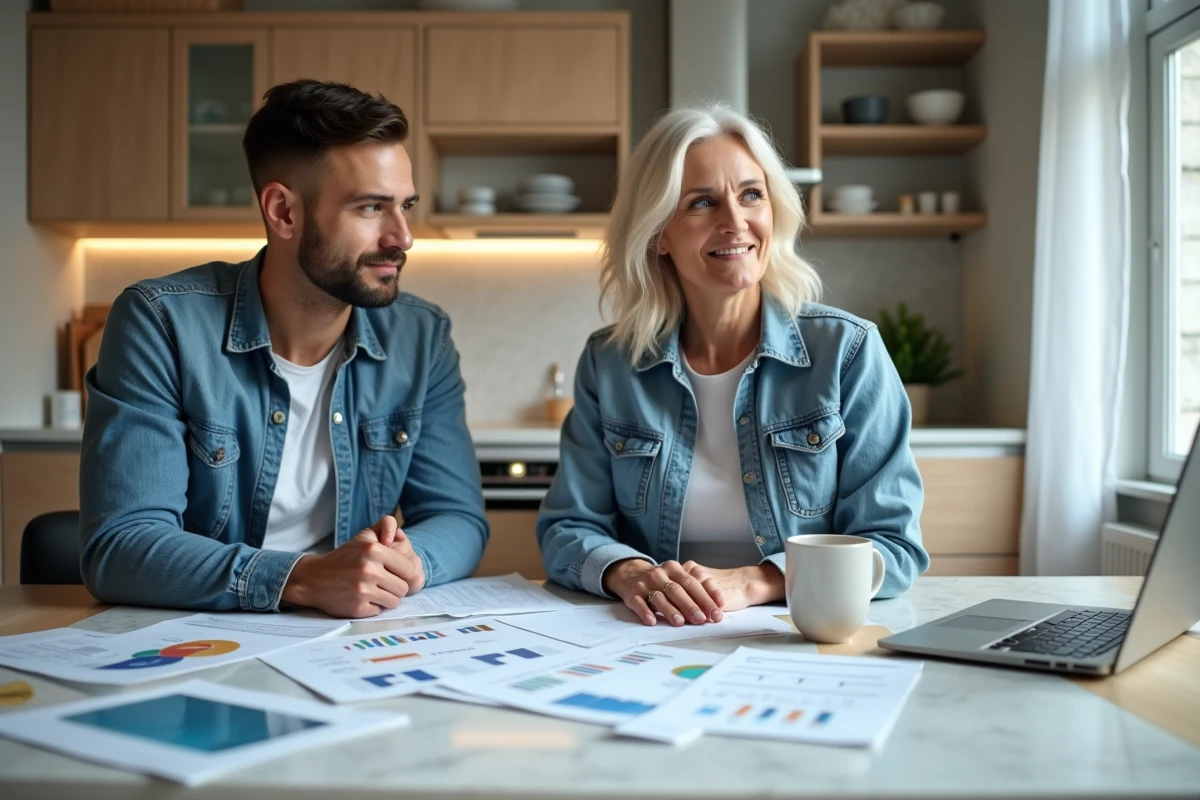 Couple préparant un dossier de prêt immobilier avec des documents bancaires sur une table de cuisine moderne