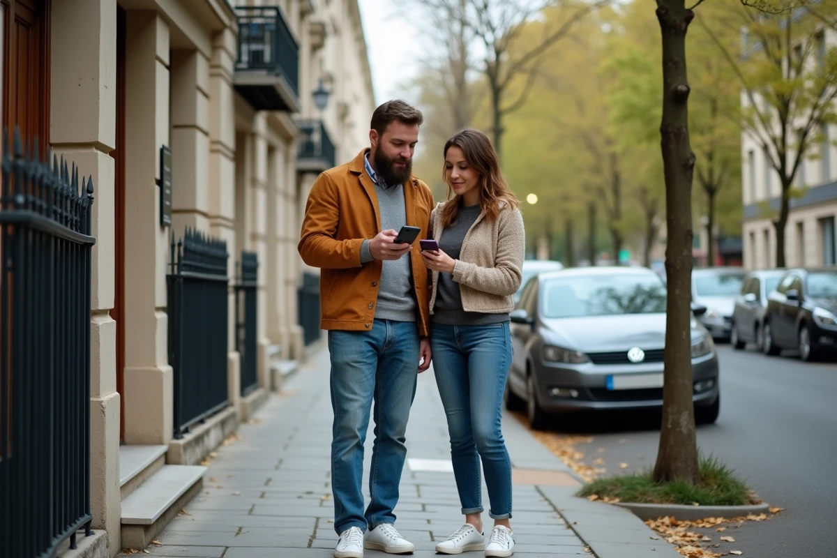 Couple de propriétaires consultant une estimation immobilière sur smartphone devant leur immeuble parisien