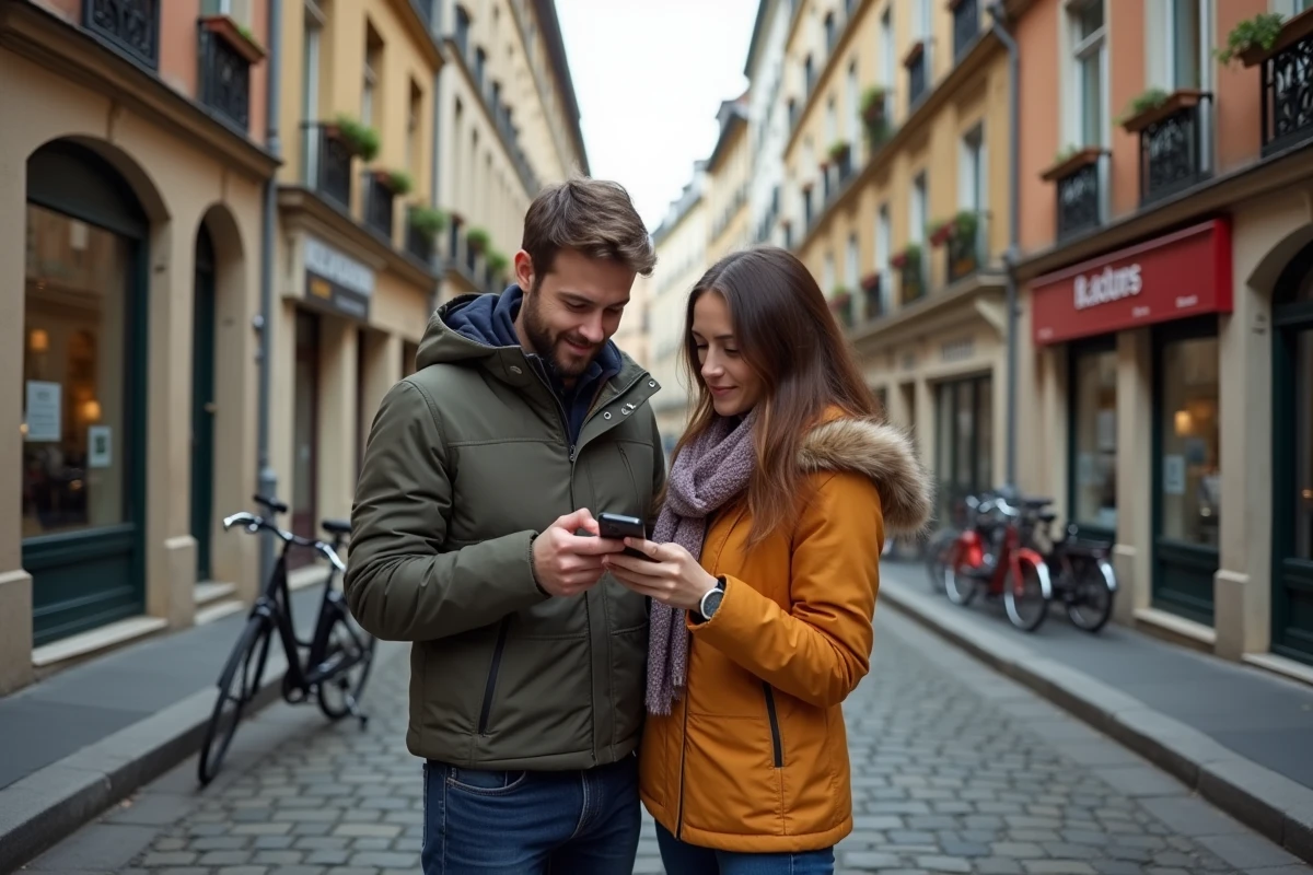 Couple consultant les prix immobiliers par quartier à Lyon sur smartphone dans une rue typique de la ville