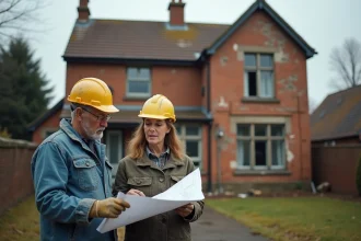 Couple examinant les plans de rénovation devant une maison en mâchefer avec façade dégradée