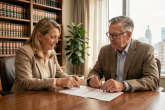 Couple de seniors examinant des documents patrimoniaux avec un conseiller financier dans un bureau professionnel, illustration de la gestion de l'usufruit et de l'assurance-vie