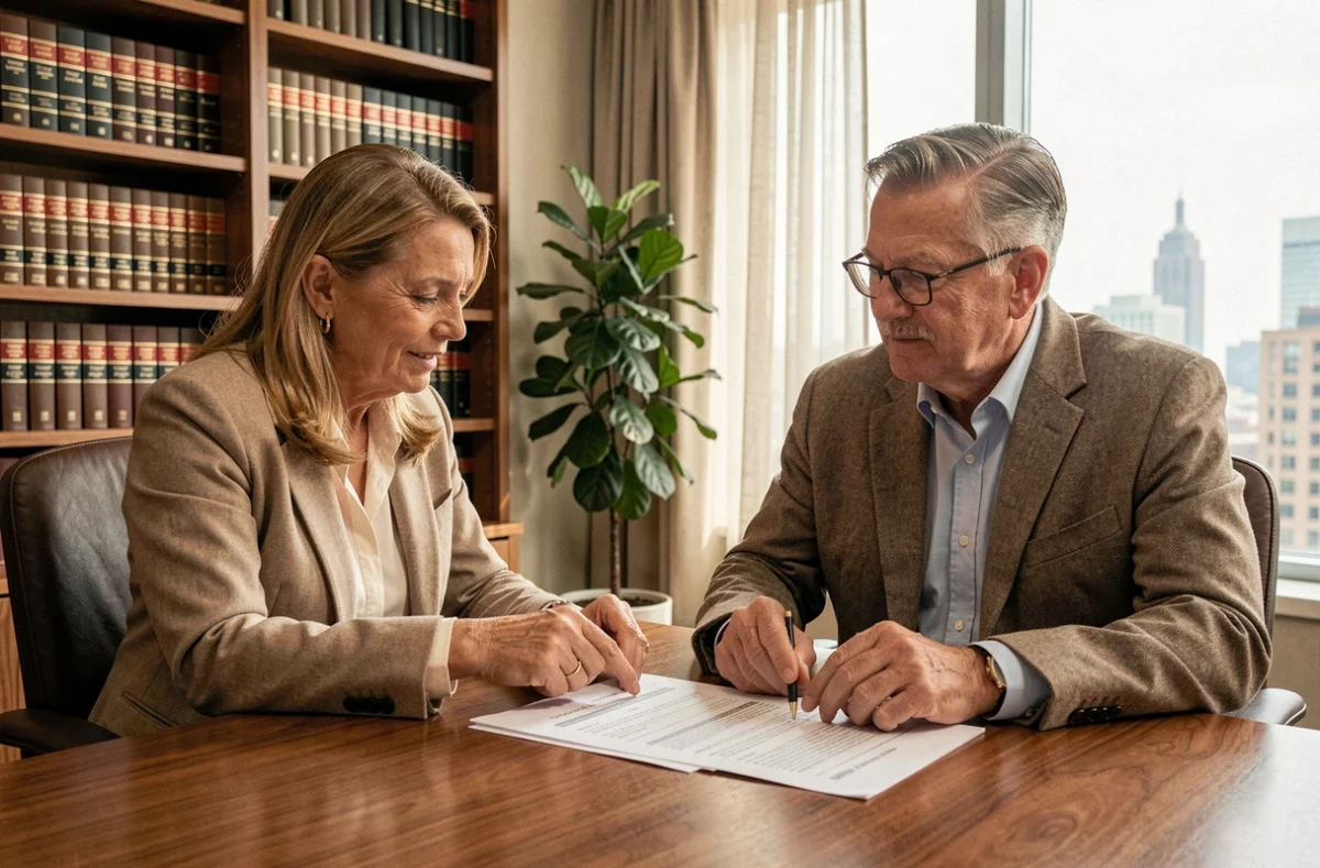 Couple de seniors examinant des documents patrimoniaux avec un conseiller financier dans un bureau professionnel, illustration de la gestion de l'usufruit et de l'assurance-vie