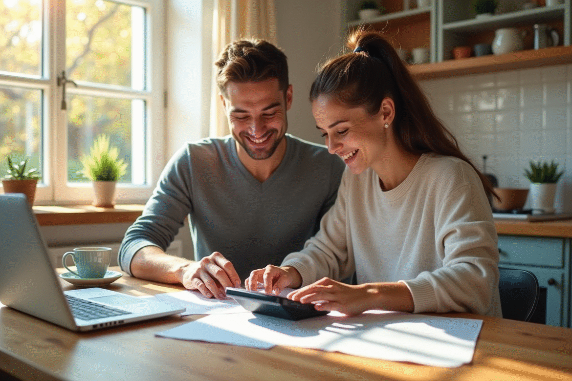 Couple souriant à la cuisine avec documents et calculatrice