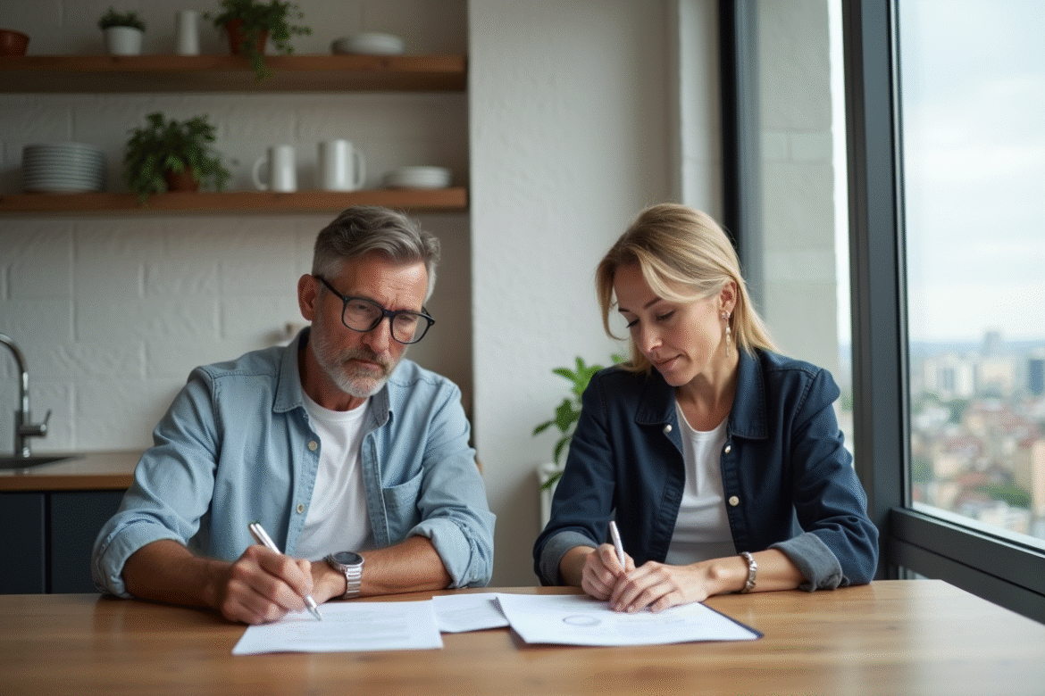 Couple d'adultes en réunion dans une cuisine moderne