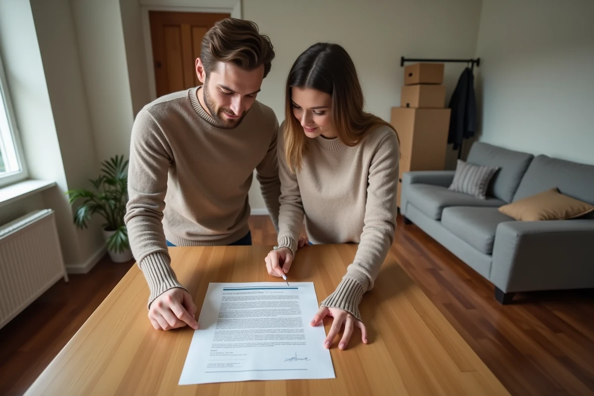 Couple lisant ensemble une lettre de préavis d'appartement pour départ anticipé entouré de cartons de déménagement