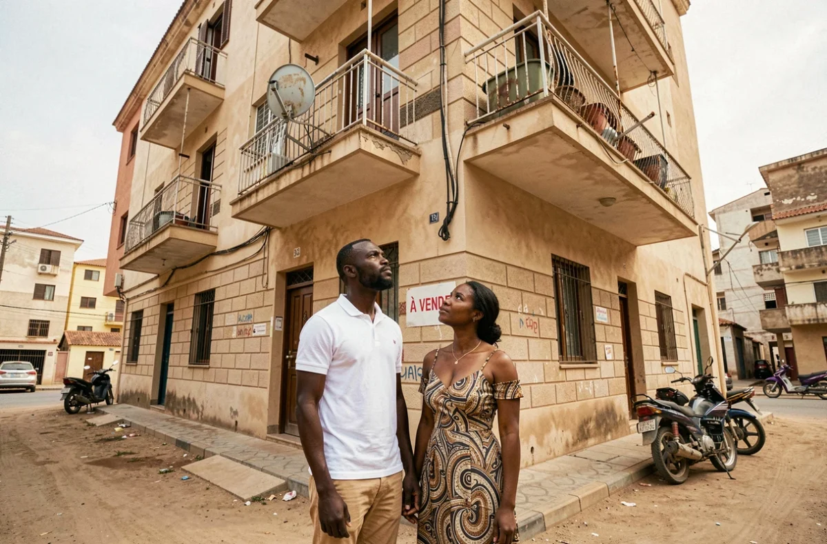 Couple visitant un immeuble résidentiel à Dakar pour évaluer un appartement à vendre dans le cadre d'un premier achat immobilier