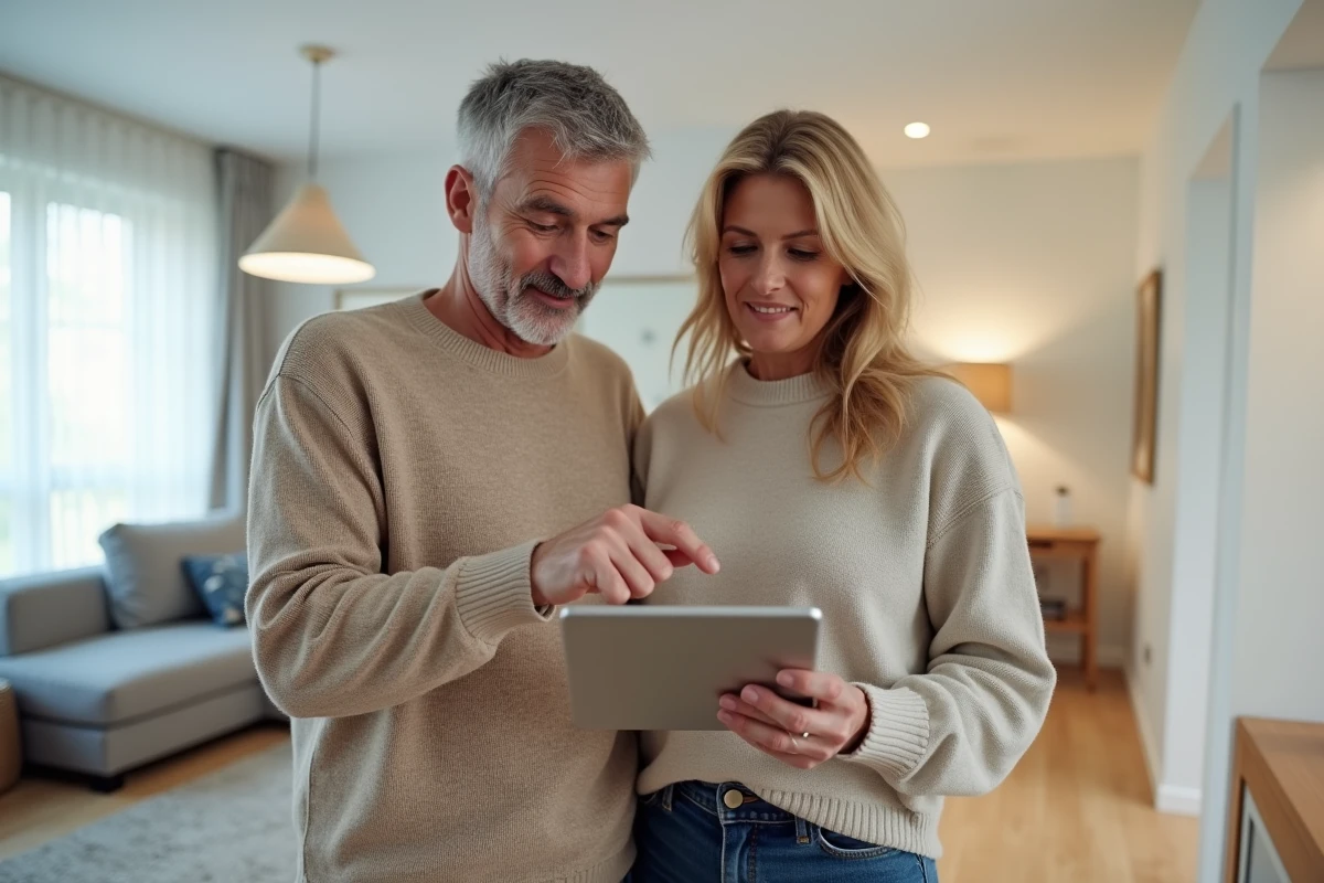Couple naviguant une visite virtuelle immobilière 360 sur tablette dans un appartement