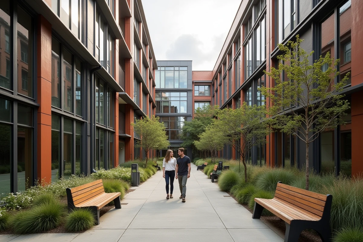 Couple se promenant dans la cour intérieure d'un nouveau programme immobilier urbain à l'architecture contemporaine