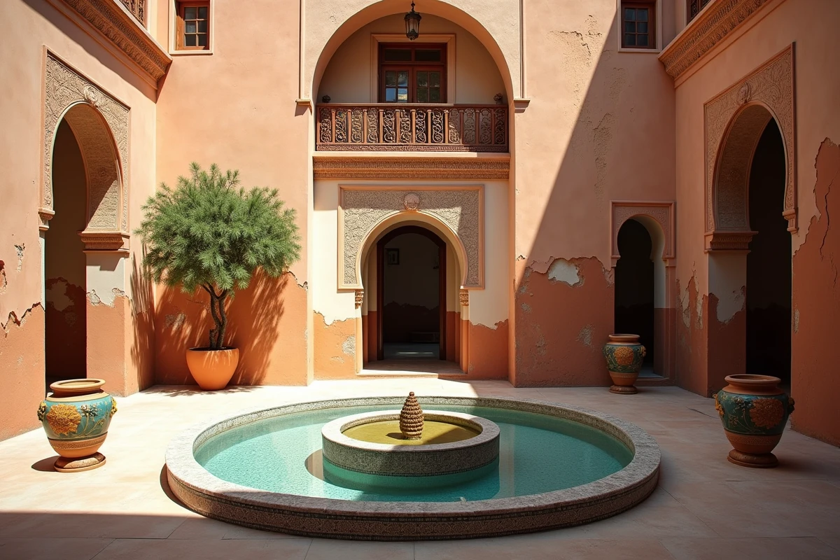 Cour intérieure d'un riad ancien à vendre à Marrakech avec fontaine en mosaïque et arcades sculptées