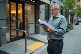 Inspecteur professionnel réalisant un diagnostic d'accessibilité ERP sur l'entrée d'un local commercial avec rampe d'accès