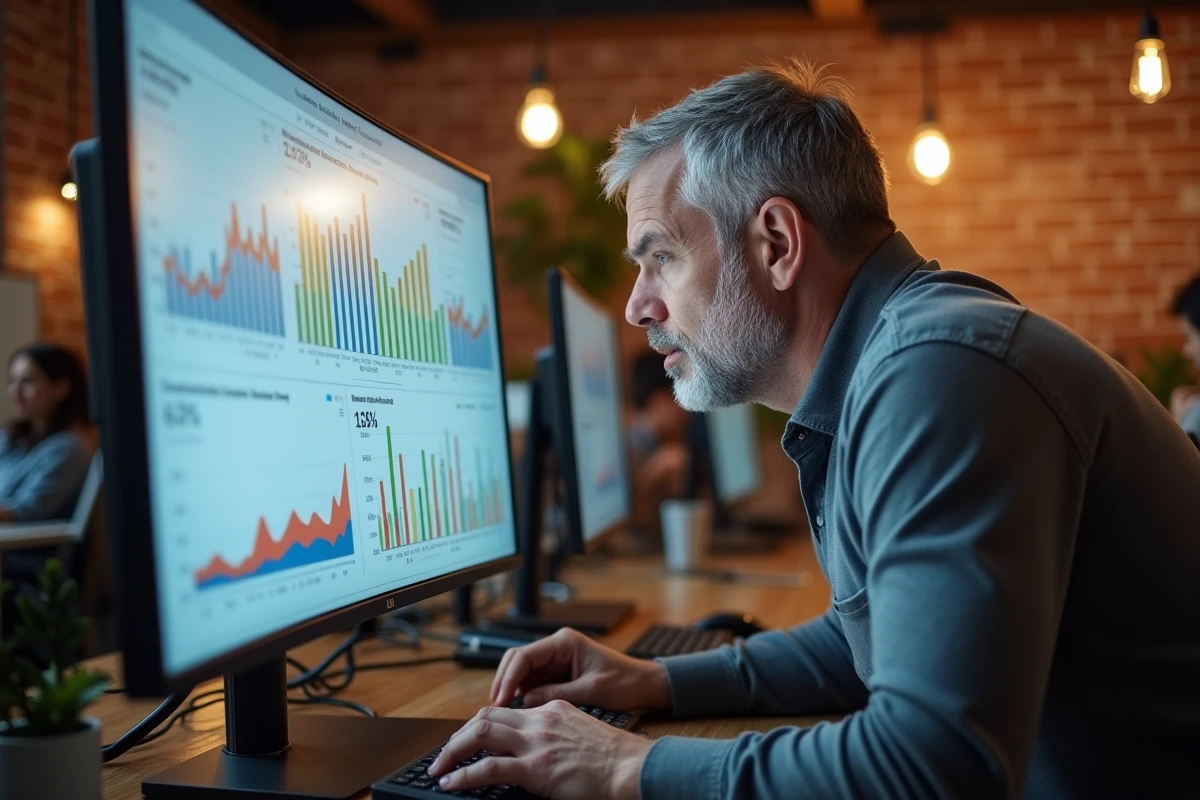 Chef d'entreprise consultant un tableau de bord de rentabilité et simulation financière sur grand écran dans un espace de coworking