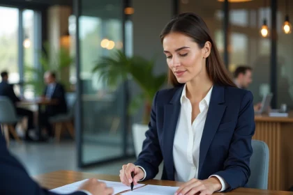 Femme présentant un dossier de prêt immobilier accepté à un conseiller bancaire dans une agence moderne