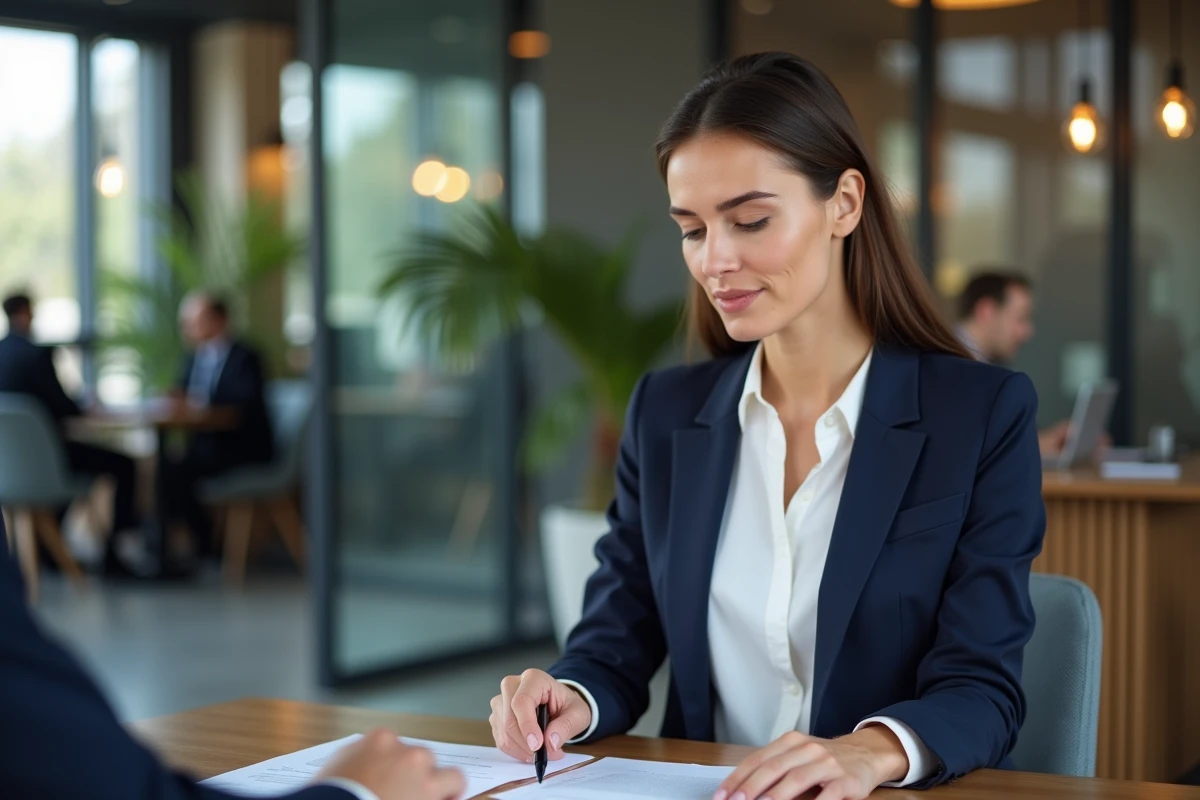 Femme présentant un dossier de prêt immobilier accepté à un conseiller bancaire dans une agence moderne