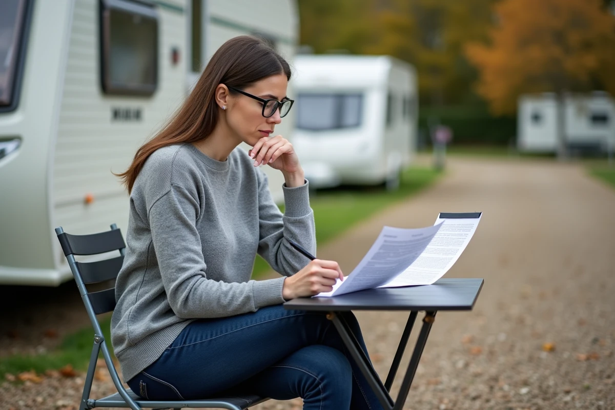Femme locataire lisant des documents juridiques sur ses droits concernant la location de terrain pour caravane