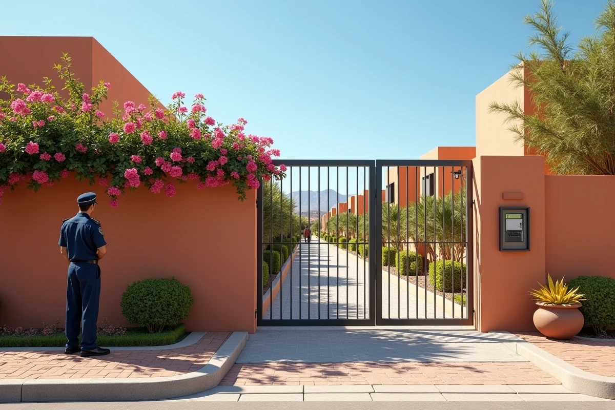 Entrée sécurisée d'une résidence privée à Marrakech avec gardien et portail en fer forgé