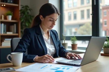 Entrepreneuse analysant un simulateur de cash-flow sur ordinateur portable avec des tableaux financiers imprimés sur un bureau moderne