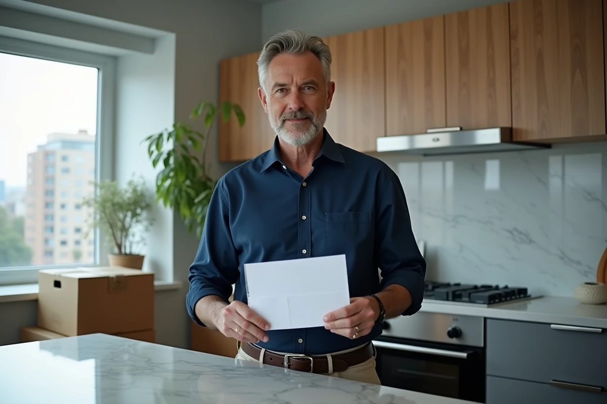 Homme glissant une lettre de résiliation de bail dans une enveloppe dans son appartement avant déménagement
