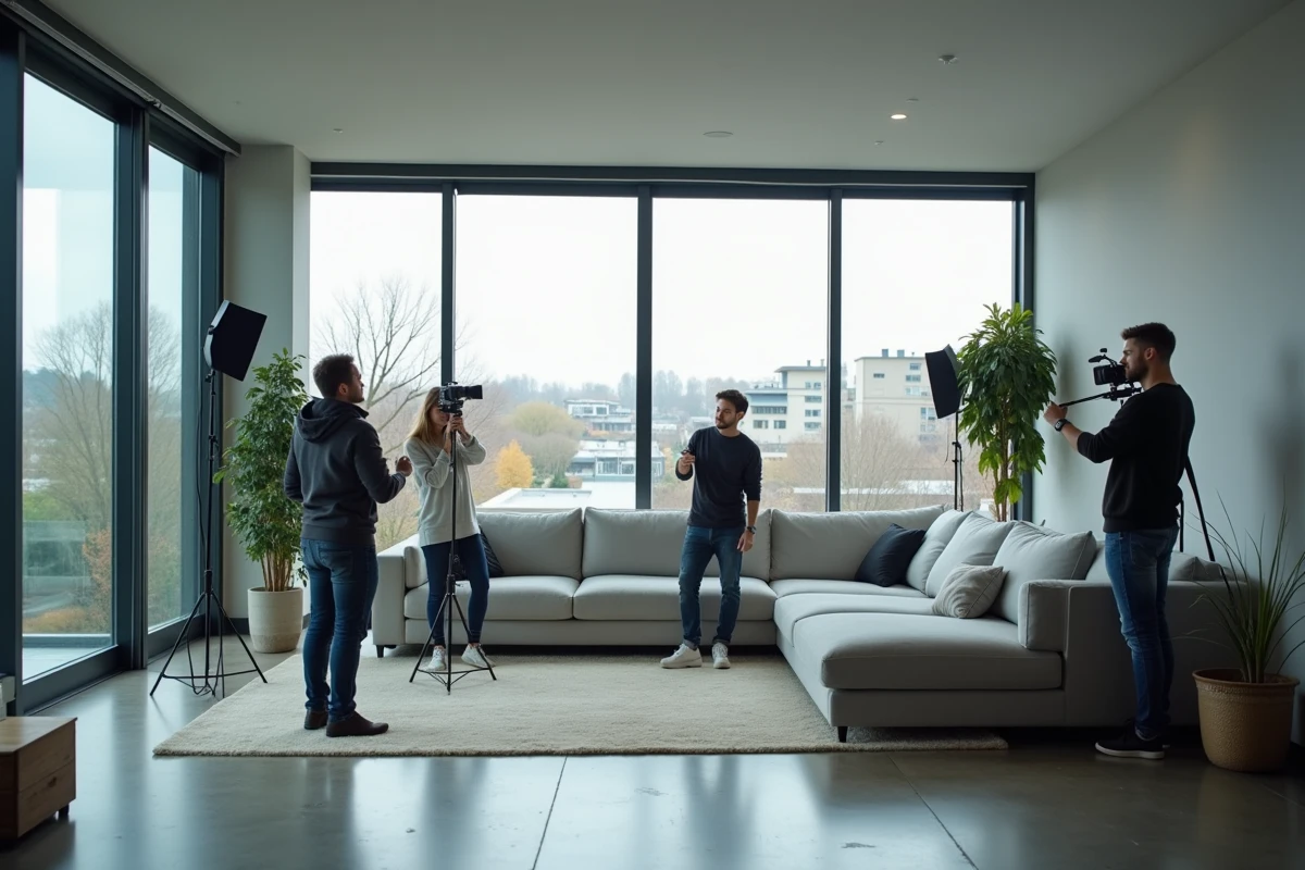 Équipe de tournage installant du matériel professionnel dans un salon moderne loué pour un shooting