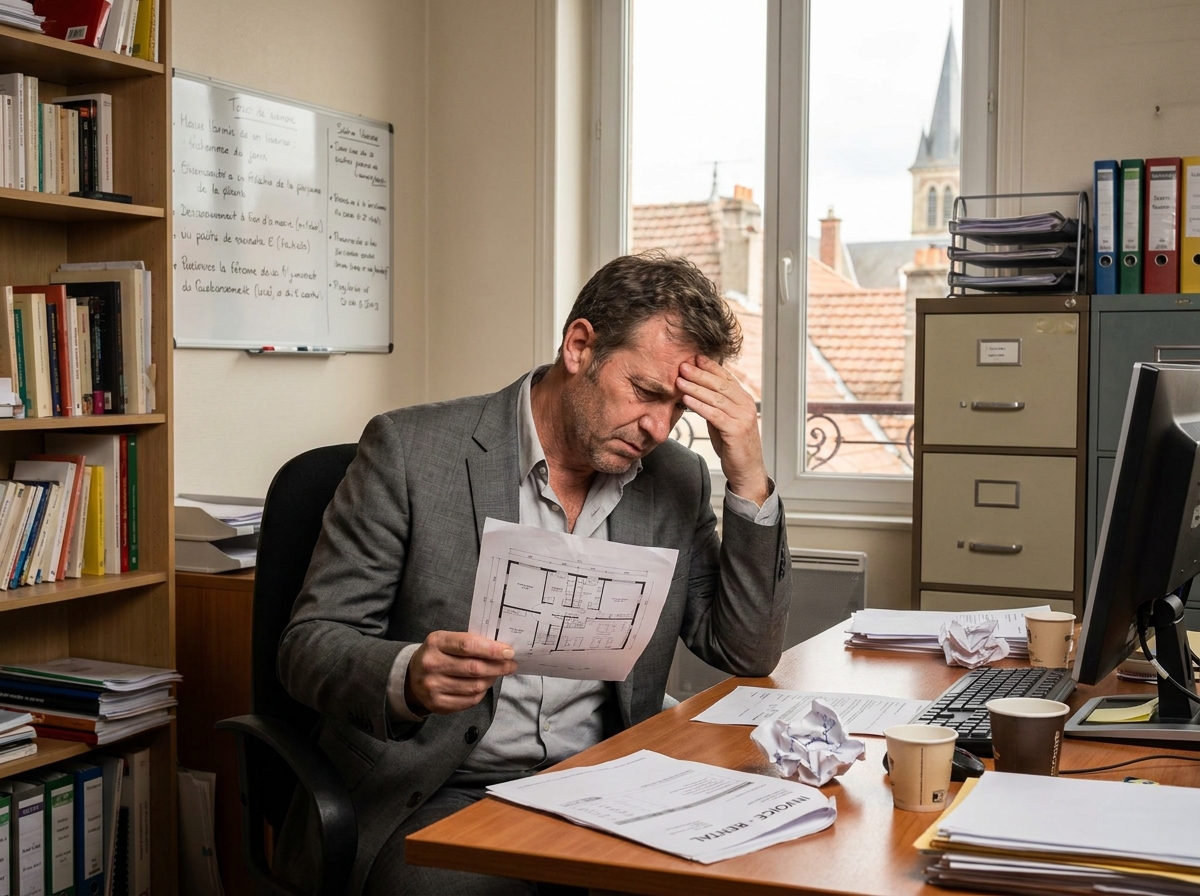 Entrepreneur frustré comparant des documents de location dans un petit bureau mal organisé à Toulouse