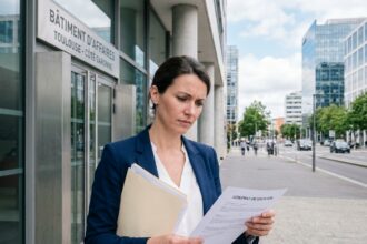 Femme professionnelle examinant un contrat de bail devant un immeuble de bureaux moderne à Toulouse