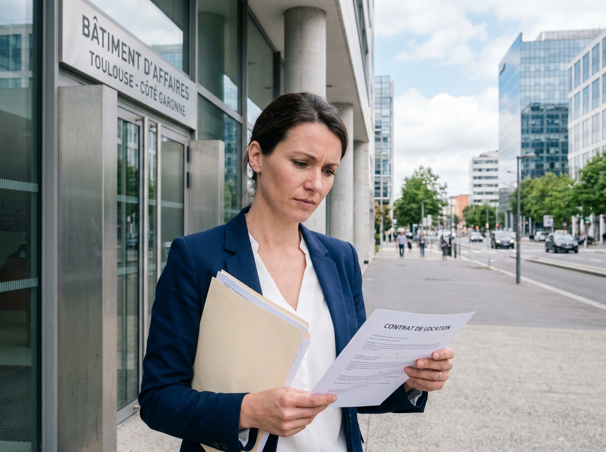 Femme professionnelle examinant un contrat de bail devant un immeuble de bureaux moderne à Toulouse