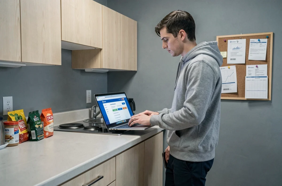 Étudiant comparant des offres d'assurance habitation en ligne depuis son studio
