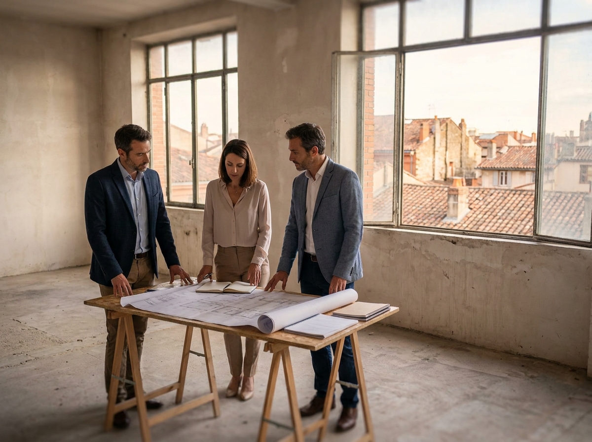 Équipe professionnelle évaluant un espace de bureau vide à Toulouse avant location